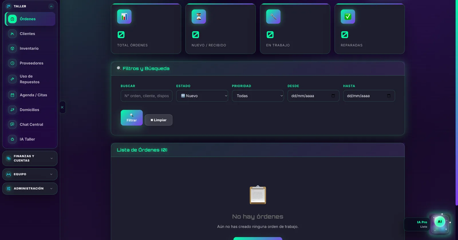 Pantalla real de gestión de órdenes en TechFlow